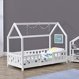 [en.casa] Letto Casetta per Cameretta Letto Singolo per Bambini con Barriere di Protezione Struttura in Legno di Pino con Zona di Riposo 70×140 cm Bianco