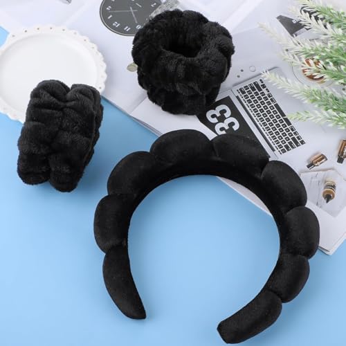 Image of MAYCREATE Spa Headband and Wristband for Women Girls Face Washing, Sunflower Sponge Makeup Hairband Skincare Flannel Wrist Washband Set, Soft Elastic Facial Accessories Combo - Black