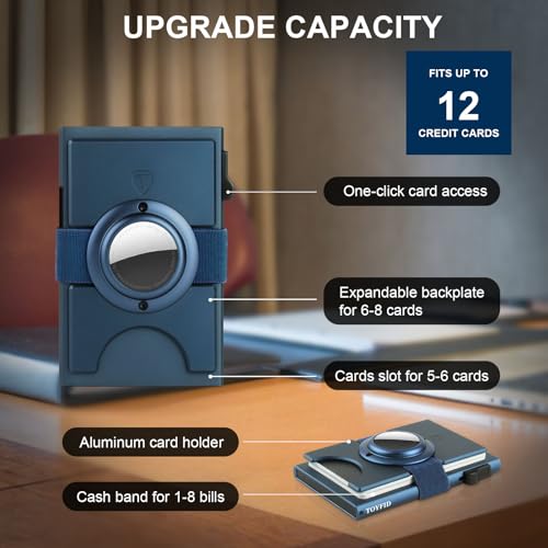 Image of Minimalist Wallet for Men,Slim Wallet Compatible with AirTag,Card Holder Metal Wallet,Pop Up Wallet,Metal Card Holder,Quick Access Card,RFID Blocking Protection,Hold 12+ Credit Cards (Navy Blue)