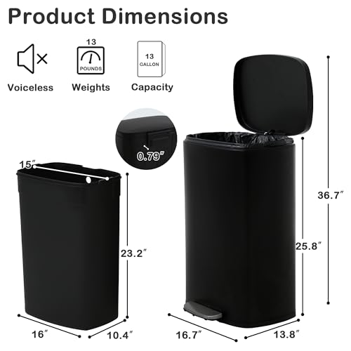 Image of Kitchen Trash Can with Lid, 50L / 13 Gallon, Hands-Free Stainless Steel, Soft-Close, Odor Protection, Black