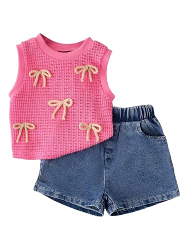 Image of WDIRARA Toddler Girl's 2 Piece Set Bow Tank Elastic Waist Denim Shorts Outfits