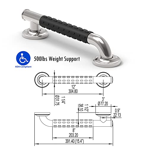Ameriluck Bath Safety Grab Bar, Asymmetrical Design With Anti-Slip Soft Grip, Stainless Steel Ada Compliant 500Lbs Support (Brushed Nickel, 12In) #TOP7