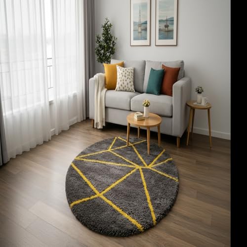 Image of Vintage Threads (Yellow Line 3x3 Ft Shaggy Carpet for Living Room & Bedroom | Ultra Soft Plush Long Pile Rug | Thick Fluffy 3D Modern Floor Carpet | Cozy Luxury Home Decor Rug