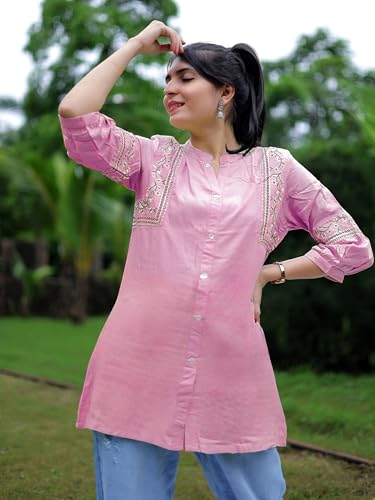 Image of Women's Viscose Rayon Embroidered A-Line Short Kurti Above Knee Regular Fit Tunic Top Office Wear Casual short kurti for women | office wear top | A-line kurti | raksha bandhan gift dress for women