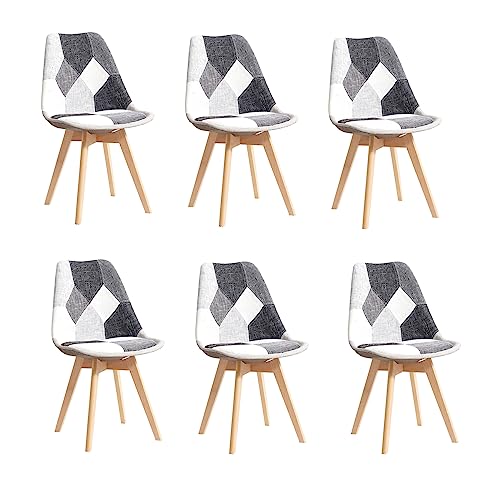 EGOONM Lot de 6 Chaises de Salle à Manger en Tissu, Chaises de Style Nordique, Chaises de Cuisine en Patchwork (Noir)