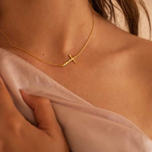 Dremmy Studios 14K Gold Plated Sideways Cross Choker Necklace For Women, Gold Side Cross Choker Religious Faith Necklaces Jewelry Birthday Gifts For Women Girls #TOP1