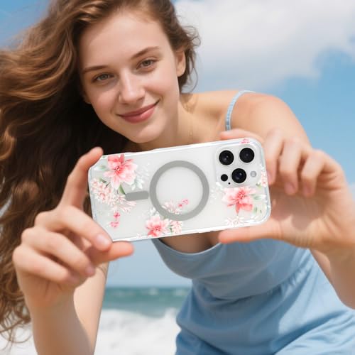 Coque iPhone 16 Pro Max fleurie rose compatible Magsafe antichoc