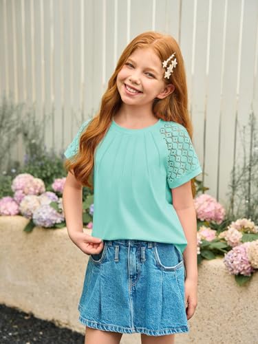 Image of Girls Pleated T Shirts Kids Fashion Lace Sleeve Summer Tops 5-14 Years | Casual Crewneck Blouse,Fashion Clothes
