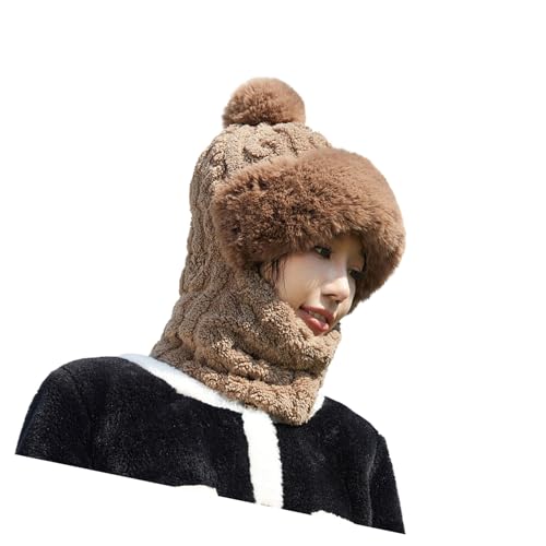 yanwuwa Gorro de punto cálido de invierno con bufanda para la cara, suéter grueso de felpa para clima frío, esencial para mujeres, esquí, senderismo, forro polar con capucha, Color café, Talla única
