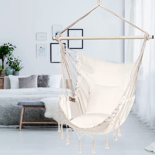 Hblife Hammock Chair, Max 330 Lbs, 2 Pillows Included, Beige Hanging Chair With Pocket And Macrame, Swing Rope Chair For Bedroom, Backyard And Deck #TOP2