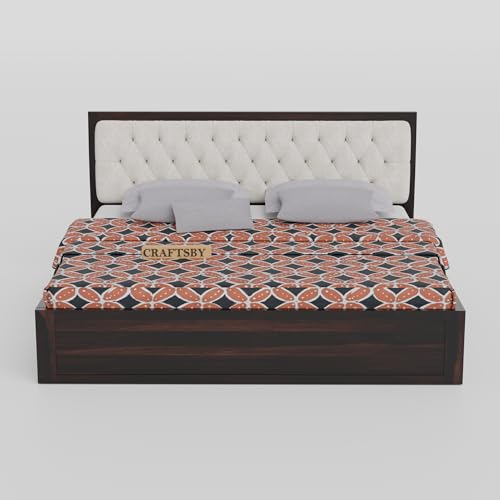 Image of Solid Sheesham Wood King Size Bed with Box Storage | White Upholstered Cushion Headboard | Wooden Double Bed for Bedroom | Palang /Cot /Mancham, Walnut Finish