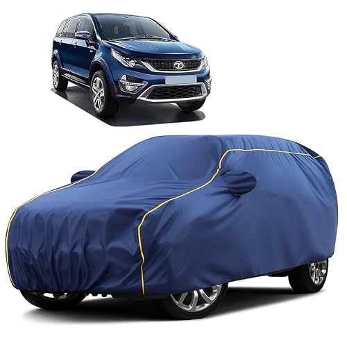 Image of Sulfar 100% Water Resistant Car Body Cover Compatible with Mirror for Tata Hexa (Triple Stitched, Full Bottom Elastic, Blue Taffeta with Yellow Piping)