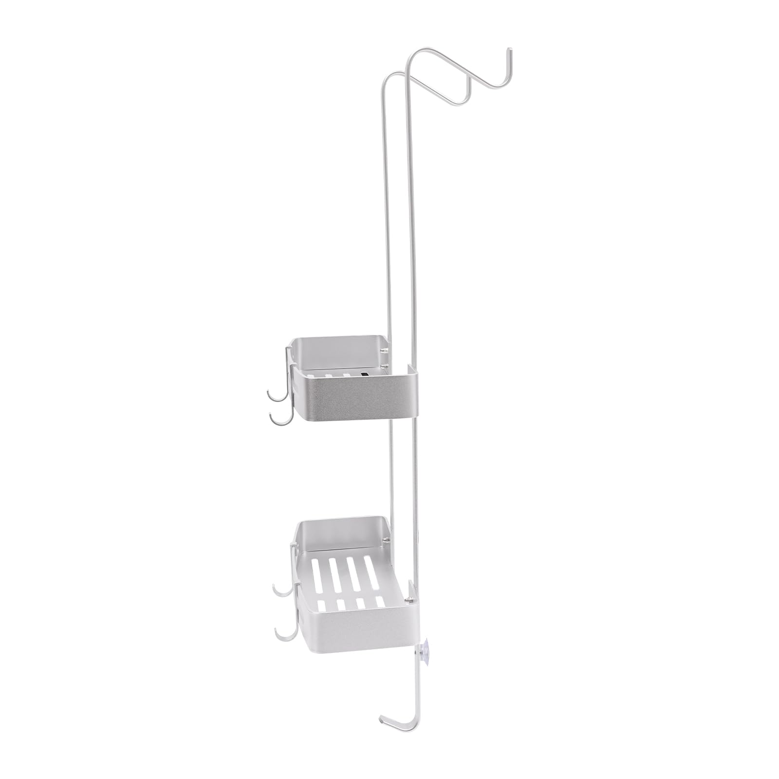 Estante de ducha para colgar de 2 niveles, estante de ducha para baño, champú, cesta de ducha, estante para colgar con 4 ganchos móviles, 32,5 x 12,5 x 73 cm, color plateado