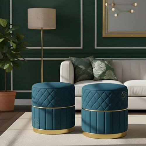 Image of ENIQE STORE Set of 2 Round Velvet Ottoman Footstool Gold Base - Tufted Upholstered Pouffe Stool for Living Room, Bedroom & Dressing Area (Aqua)