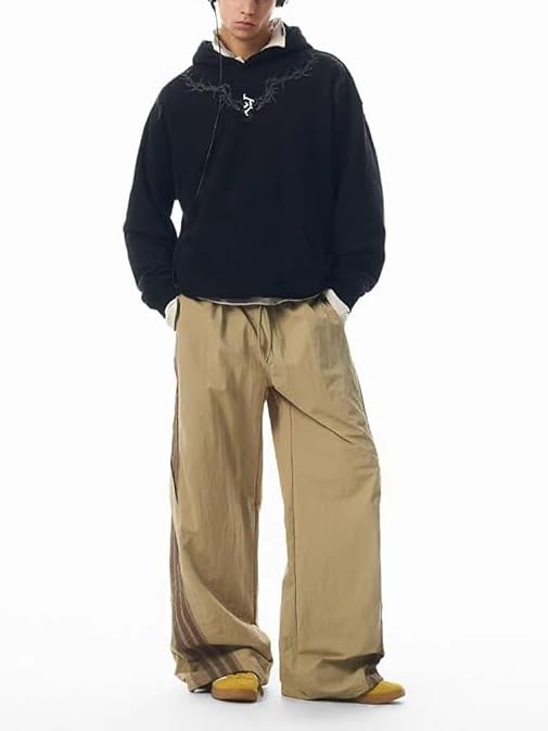 PUKUPE Striped Baggy Parachute Pants for Men Y2k Track Pants Cargo Sweatpants with Drawstring Black