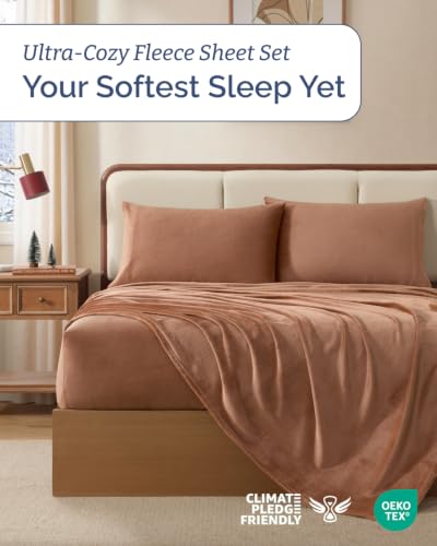 Image of Fleece Sheets Cal King Size Set - 4-Piece Flannel Sheet Set - Mocha Mousse