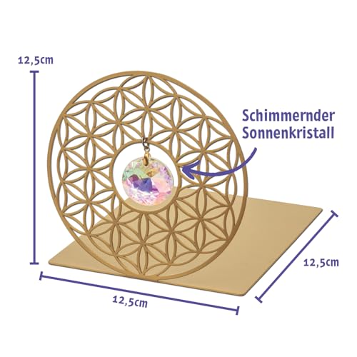 moses. Omm for You Buchstützen Kristall – dekoratives Buchständer Set aus Metall, mit Sonnenkristall und Blume des Lebens, Yoga-Deko im 2er Set, Gold