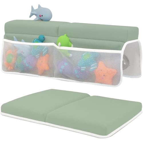 Image of Toodly Baby Bath Kneeler and Elbow Rest Pad Set - Baby Bath Support for Knees and Elbows - Bath Kneeler Pad with Memory Foam and Bath Toys Organizer - Ideal Bath Kneeling Pad for Bathing Baby - Green