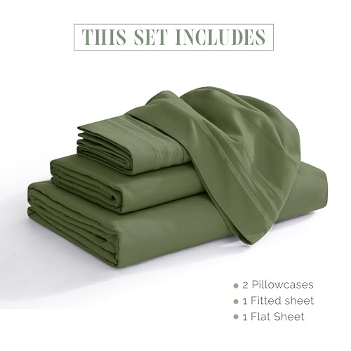 Image of Elegant Comfort Luxurious 1500 Premium Hotel Quality Microfiber Three Line Embroidered Softest 4-Piece Bed Sheet Set, Wrinkle and Fade Resistant, King, Sage-Green