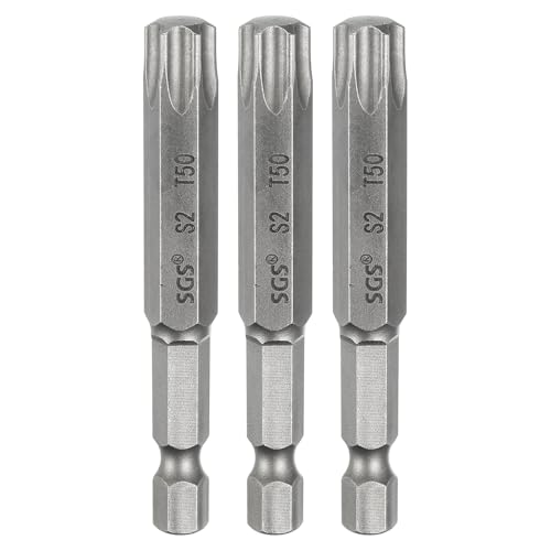 HARFINGTON 3pcs T50 Torx Head Screwdriver Bit 1/4 Hex Shank 2.6 (65mm) Long Magnetic No Hole Tip Tamper Proof 6 Point Star Screw Driver Drill Bits S2 Steel Industrial Power Screwdrivers