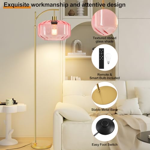Image of Gold Floor Lamps for Living Room Bedroom,Glass Floor Lamp with Remote Control & Pink Lampshade,Arc Dimmable Floor Lamp Mid Century Modern Standing Lamp Vintage Tall Floor Lamps for Bedroom Corner