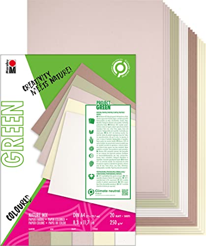Marabu 1612000000600 161200000600 Green Line Paper Pad DIN A4 Mix, 20 Sheets, Natural, Five Colours, Matte, 250 g/m²