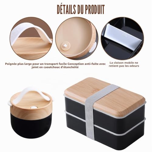 WANDGU Boîte à bento japonaise 1400 ml : boîte à bento pour adultes avec bol à soupe et sac isotherme, boîte à lunch avec compartiments, empilable, pour adultes et enfants, pour le travail et l'école – vue 3