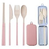 Ouliget Collapsible Reusable Utensils Set with Portable Case,Wheat Straw Utensils Include Spoon Knife Forks Chopsticks,Portable Cutlery for Travel Picnic Camping,2 Pieces