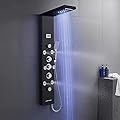 POPFLY LED Shower Panel Tower System, 4 Body Massage Jets and 4 Mist Spray, 304 Stainless Steel Wall Mount Rainfall Waterfall Shower Column Towers with Tub Spout, Black