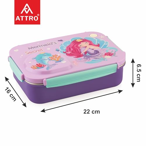 Image of ATTRO School Bite Stainless Steel Lunch Box - 3 Compartment Bento Tiffin, Leak-Proof & Durable, Ideal for Kids, School, Picnic- 750ml+150ml, Pink Lavender- Princess Theme