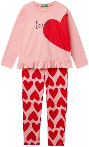 Pijama De Niña United Colors Of Benetton - Conjunto De Manga Larga Y Pantalón Rosa Con Corazones, Talla 140, 100% Algodón