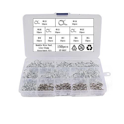 150 Pieces Double Wire Hose Clamp, 10 Value Sizes, Hose Clamp Kits for Different Hoses, Double Wire Spring Clips, Air Line, Fuel Line, Hose Tubes, Spring Clips, 5 to14mm