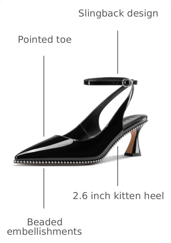 Image of NobleOnly Womens Slingback Heels Beaded Pumps Ankle Strap Pointed Toe Kitten Heels Dress Shoes 2.6 Inches