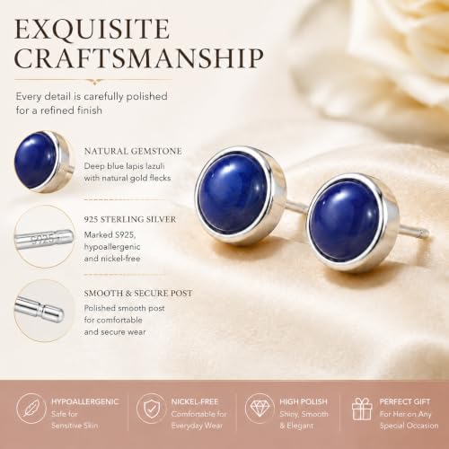 Lapis Lazuli Stud Earrings for Women 925 Sterling Silver Hypoallergenic - image 2