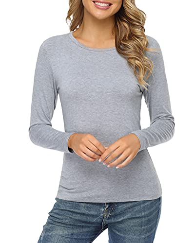 fuinloth Camisetas de Manga Larga para Mujer Casual Cuello Redondo Térmica Ligera Túnica Delgado Elegante Blusas Jersey Cuero Gris XS Cover