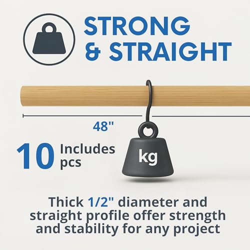 10PCS Bamboo Dowel Rods 1/2” x 48” Long – Round Wooden Dowels for Crafts DIY and School Projects Natural Unfinished Craft Wood Sticks for Crafting and Decor Smooth Surface Birch Alternative