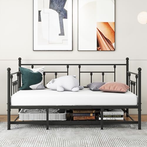 HOMERECOMMEND Twin Daybed with Trundle/Steel Slat Support/Space Saving Trundle Bed and Multi-Functional Furniture for Living Room and Guest Room, Black - Thumbnail 3