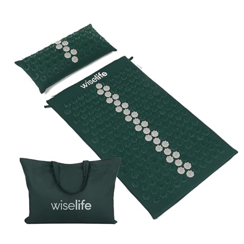 Image of WiseLife Acupressure Mat & Pillow Set with Bag | Acupuncture Mat for Neck & Back Pain Relief | Muscle Relaxation & Stress Relief | Sciatica Pain Support Large 71x44 cm (Dark Green)