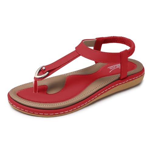 Image of SHIBEVER Womens Sandals Summer Flat: Dressy Casual T-Strap Flip Flop Thong Flats Sandals - Comfortable Walking