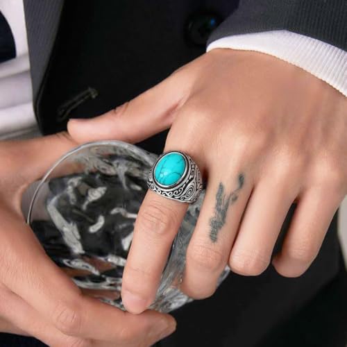 MYNENEY Retro Vintage Stone Rings for Men Turquoise Rings Stainless Steel Signet Biker Band (blue, 14.5) by MYNENEY - Used condition - Image 2