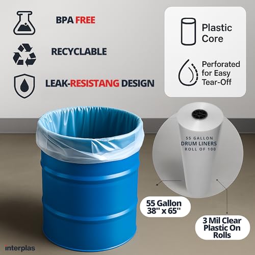 Image of Interplas 55 Gallon Drum Liners - 3 Mil LDPE - BPA-Free Barrel Liners - 38 inchx65 inch - 100 Count - Flexible, Clean and Leak-Resistant Bulk Packaging-Liners for General Industrial Use.
