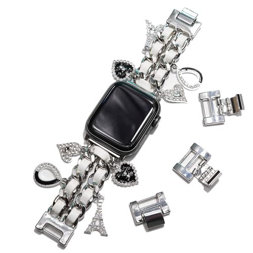Royce&Roland �݊��i/��֕i �`�F�[�� �o���h �`���[���t�� ���烌�U�[ ���^�� �H��s�v Apple Watch �A�b�v���E�H�b�`Series 11/10/9/8/7/6/5/4/SE/Ultra (Silver/White, 44mm 45