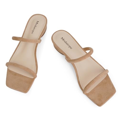 Image of Modatope Square Open Toe Heeled Sandals Women Two Strap Chunky Heel Sandals for Women Low Block Heel Sandal Dressy