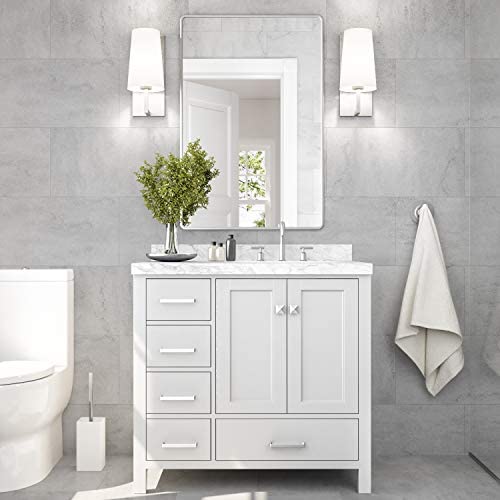 Ariel 37" Inch White Bathroom Vanity W/ 1.5" Edge Italian Carrara Marble Countertop-Backsplash | Right Rectangular Sink | 2 Soft Closing Doors & 5 Full Extension Dovetail Drawers | Satin Nickel Pulls #TOP3