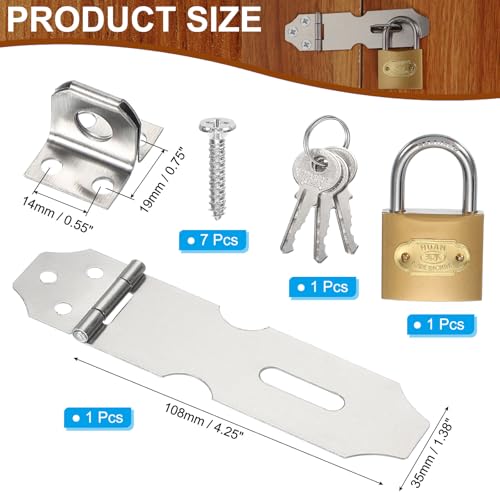 Image of PATIKIL Door Lock Hasp Latch 4.3 Inch, Stainless Steel Safety Hasp Lock Clasp Hinge Packlock(38mm) with Screws /Key for Door Gate Cabinet Closets, Silver