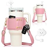 Itscolofy Water Bottle Holder - Carrier Strap for Stanley 40 oz & 30 oz Tumbler with Handle, for Stanley Cup Accessories, Adjustable Strap, Credit Card Holder, Keyring, Straw Cover (Pink)