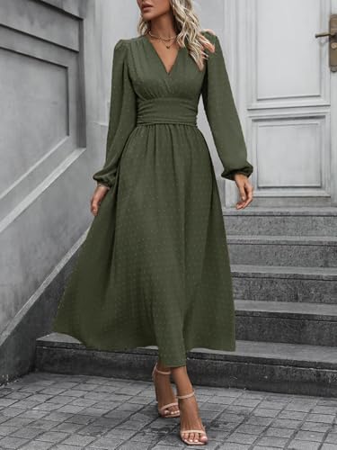 Mettclasi Women's Spring Fall Swiss Dot V Neck Maxi Dress Casual Puff Long Lantern Sleeve A-Line Flowy Dress2