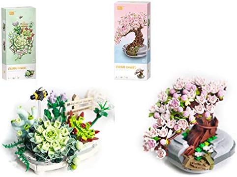 WUGU Succulents Bonsai & Cherry Tree Bonsai Building Kit, 518 Pieces Botanical Collection Artificial Flower Bouquet, Creative Home Décor Building Toy for Adult Kid, Compatible With Lego