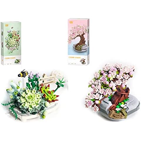 WUGU Succulents Bonsai & Cherry Tree Bonsai Building Kit, 518 Pieces Botanical Collection Artificial Flower Bouquet, Creative Home Décor Building Toy for Adult Kid, Compatible With Lego Cover