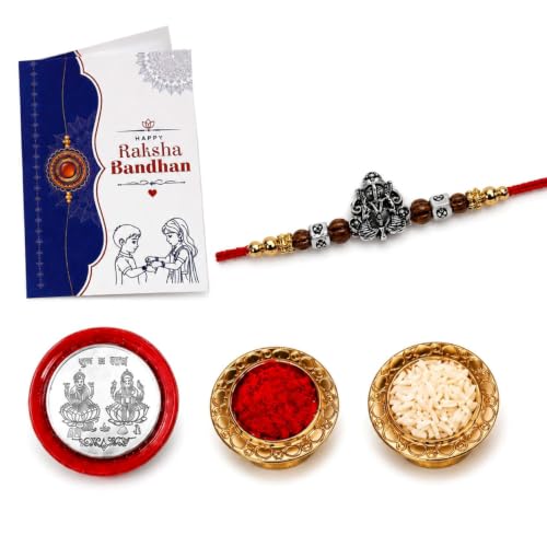 Image of Oblivion Rakhi For Brother - Elegant Stylish God Designer Rakhi with Beads and Silver Colour Pooja Coin, Tilak Set & Greeting Card - Traditional Raksha Bandhan Combo for Bhai (Ganesha, Variant 6)